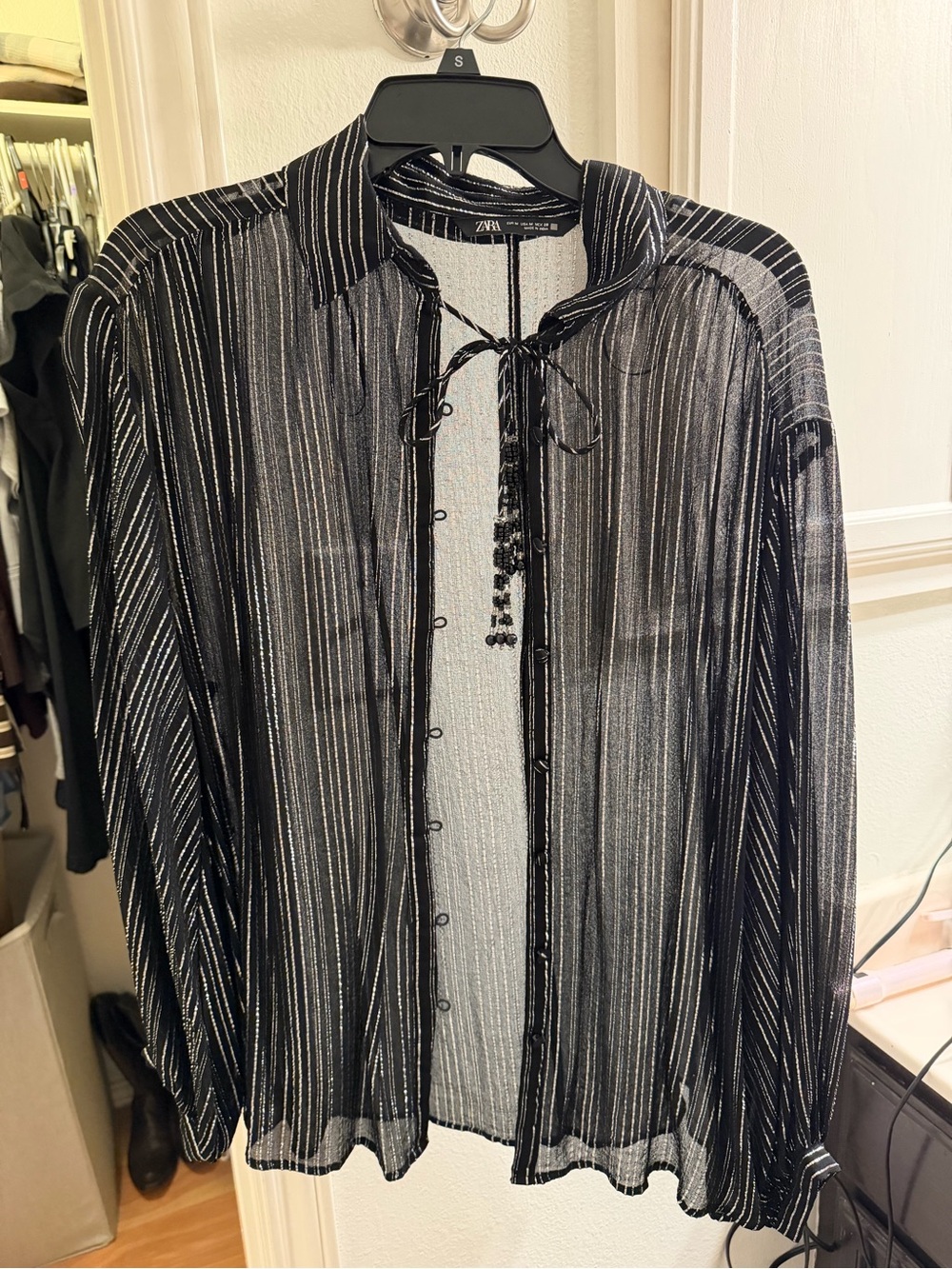 Zara Black Sheer Metallic-Striped Tie-Neck Shirt Jacket